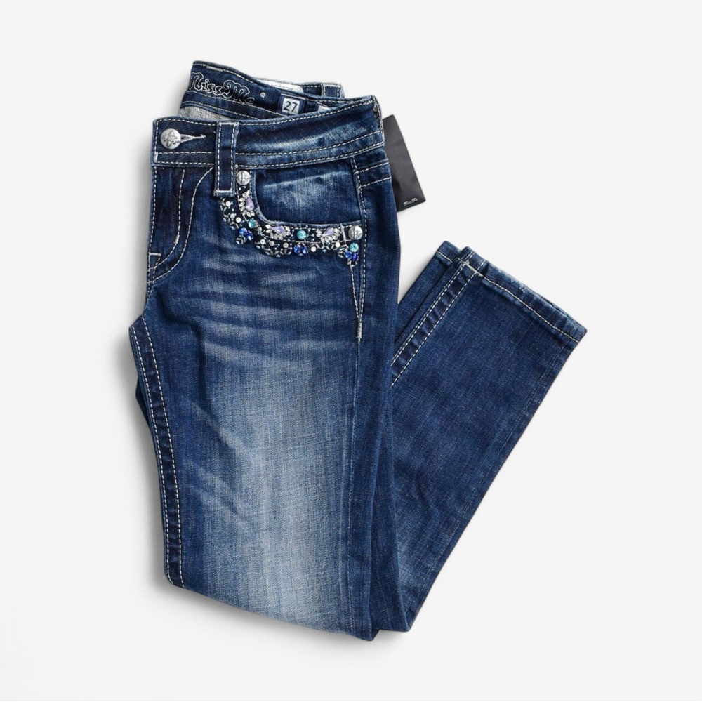MISS ME Early 2010s Blue Bling Signature Crop Skinny Jeans
